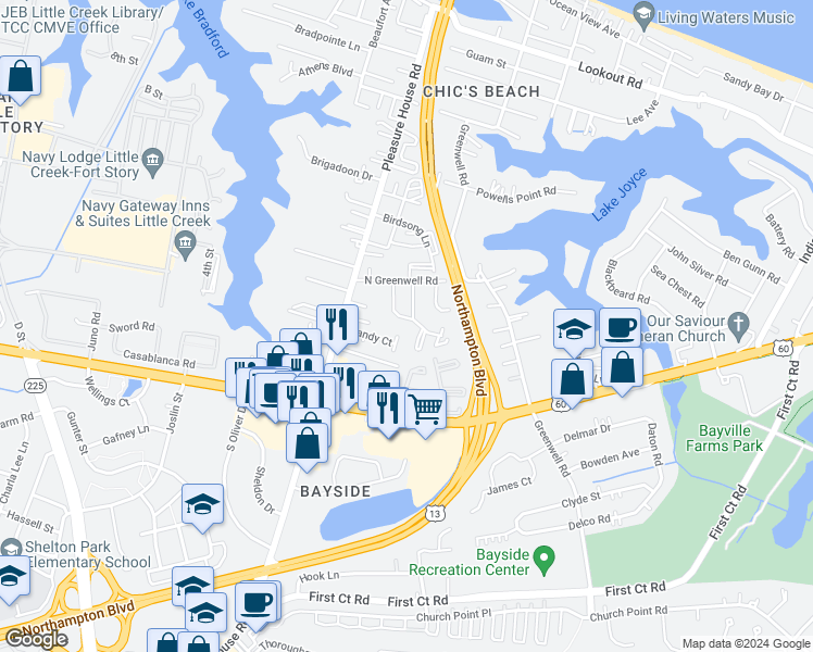 map of restaurants, bars, coffee shops, grocery stores, and more near 2203 West Berrie Circle in Virginia Beach