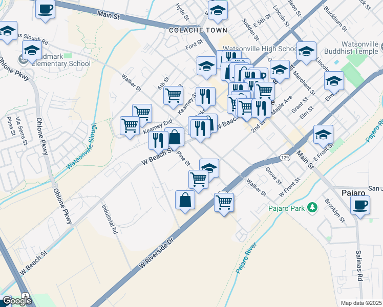 map of restaurants, bars, coffee shops, grocery stores, and more near 363 Locust Street in Watsonville