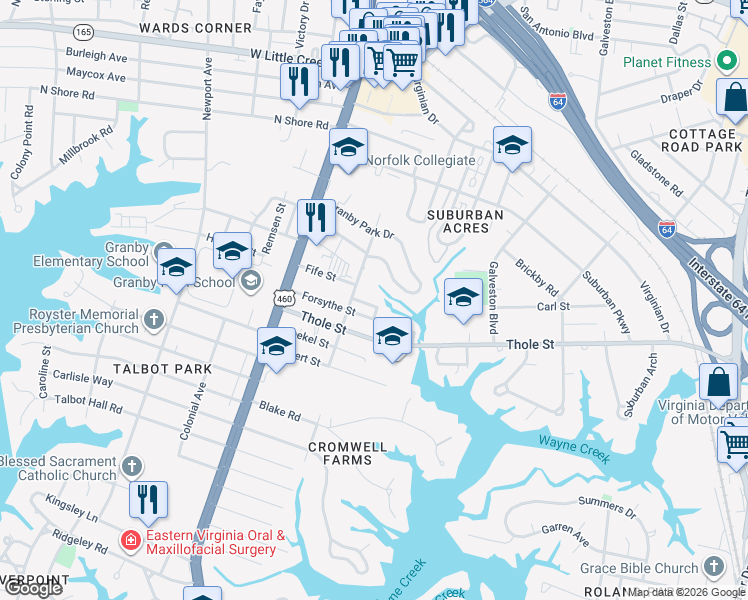 map of restaurants, bars, coffee shops, grocery stores, and more near 206 Fife Lane in Norfolk