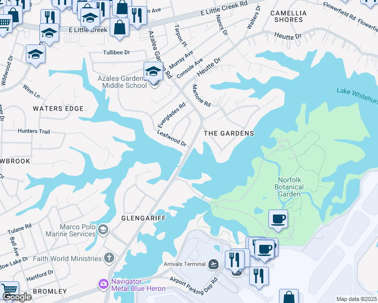 map of restaurants, bars, coffee shops, grocery stores, and more near 6700 Azalea Garden Road in Norfolk