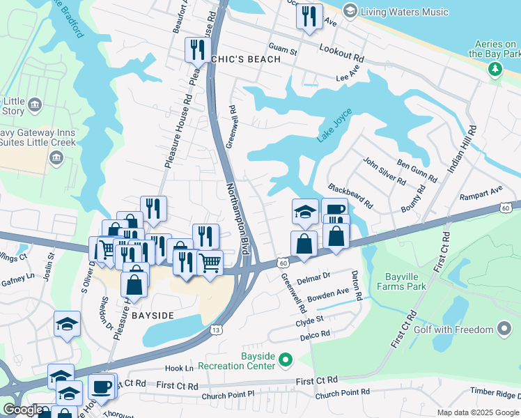 map of restaurants, bars, coffee shops, grocery stores, and more near 2300 Paragon Court in Virginia Beach