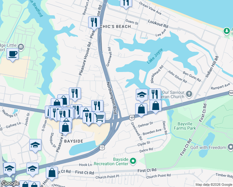 map of restaurants, bars, coffee shops, grocery stores, and more near 2316 Wood Beach Landing in Virginia Beach
