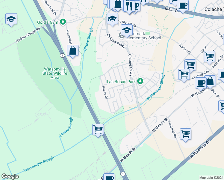 map of restaurants, bars, coffee shops, grocery stores, and more near 61 Villa Street in Watsonville