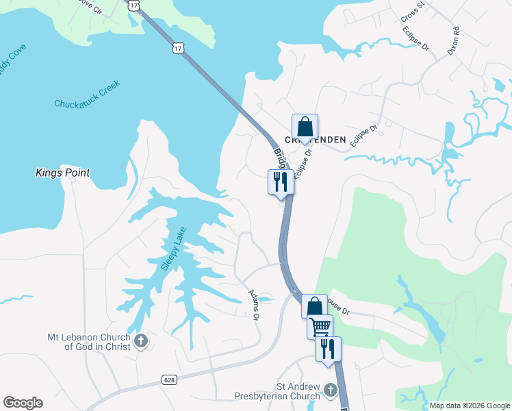 map of restaurants, bars, coffee shops, grocery stores, and more near 1650 Tautog Road in Suffolk