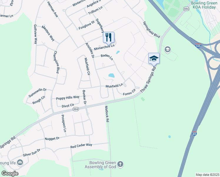 map of restaurants, bars, coffee shops, grocery stores, and more near Muirfield Lane in Bowling Green
