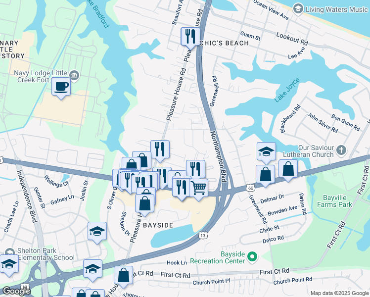 map of restaurants, bars, coffee shops, grocery stores, and more near 2211 West Berrie Circle in Virginia Beach
