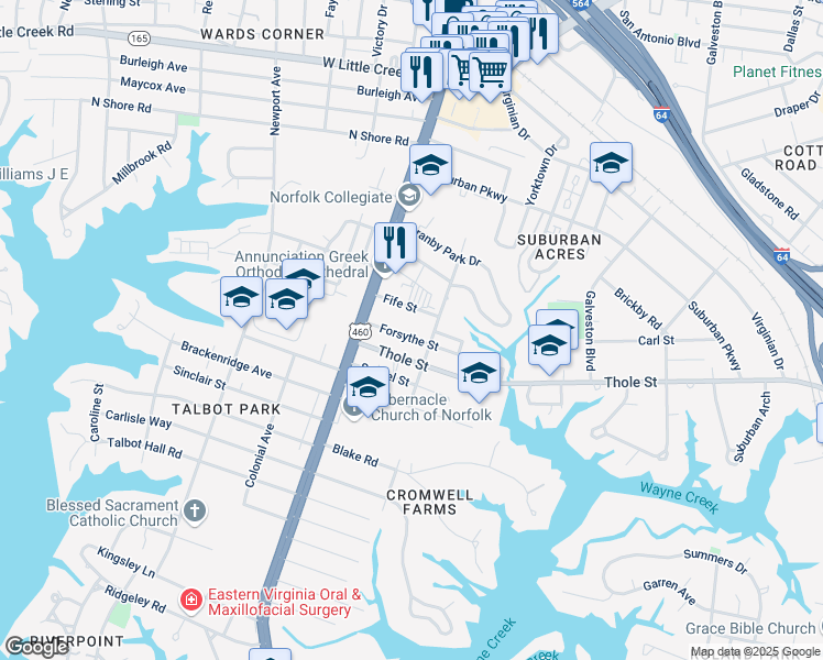 map of restaurants, bars, coffee shops, grocery stores, and more near 152 Forsythe Street in Norfolk