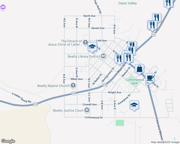 map of restaurants, bars, coffee shops, grocery stores, and more near 501 North Irving Street in Beatty