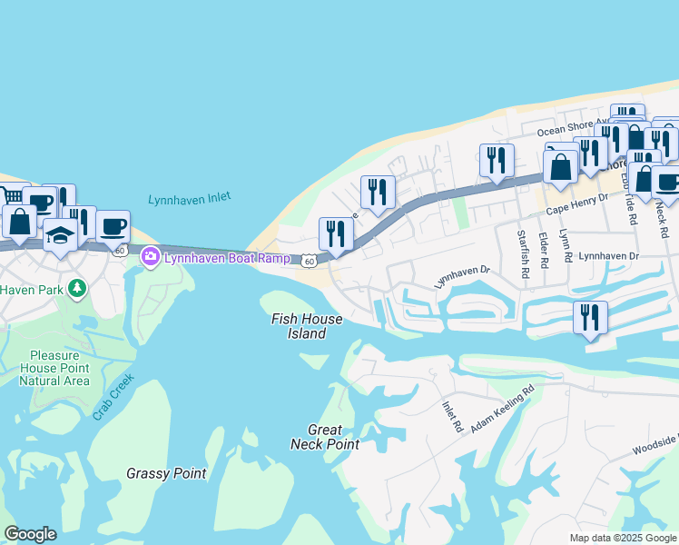 map of restaurants, bars, coffee shops, grocery stores, and more near 3273 Shore Drive in Virginia Beach