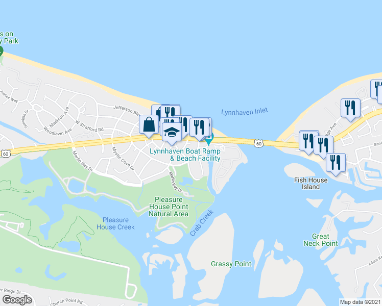 map of restaurants, bars, coffee shops, grocery stores, and more near 3620 East Stratford Road in Virginia Beach