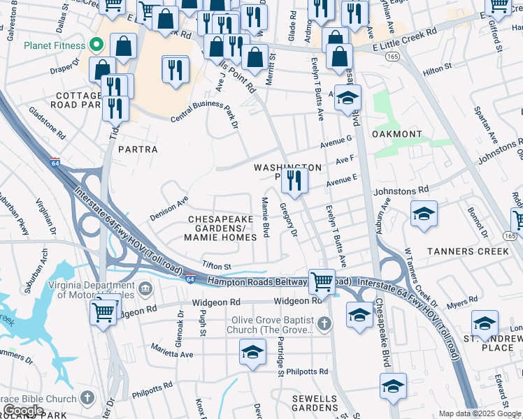 map of restaurants, bars, coffee shops, grocery stores, and more near 7105 Mamie Boulevard in Norfolk