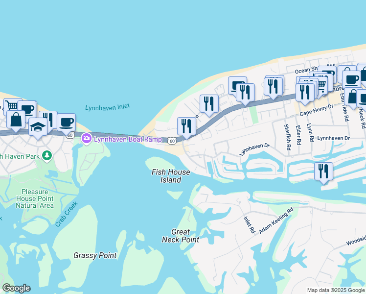 map of restaurants, bars, coffee shops, grocery stores, and more near 1613 Estuary Court in Chesapeake