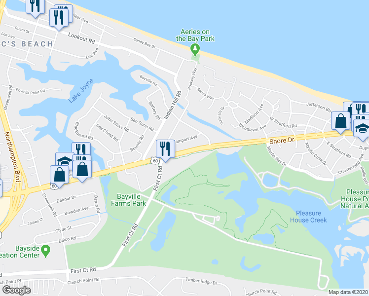map of restaurants, bars, coffee shops, grocery stores, and more near 4052 Shore Drive in Virginia Beach