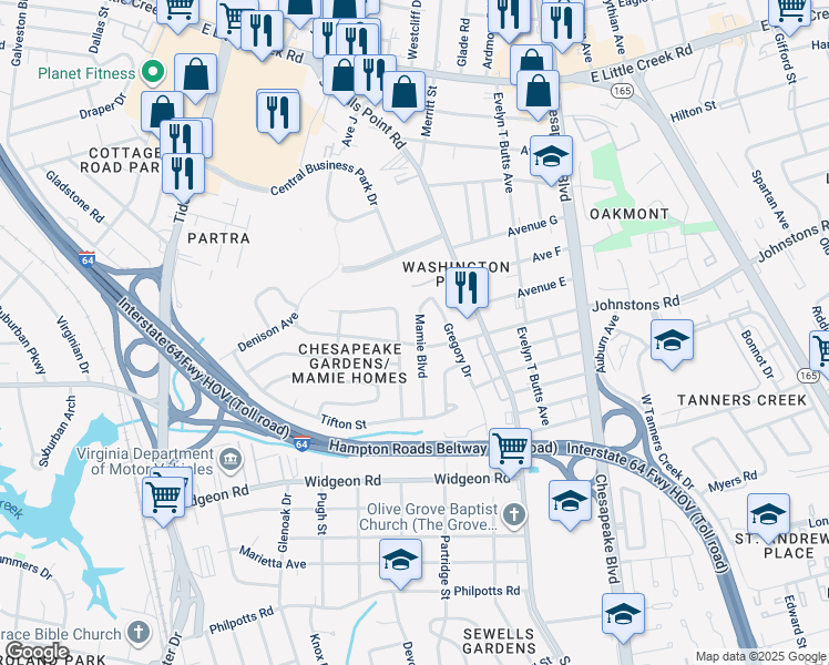 map of restaurants, bars, coffee shops, grocery stores, and more near 7105 Mamie Boulevard in Norfolk