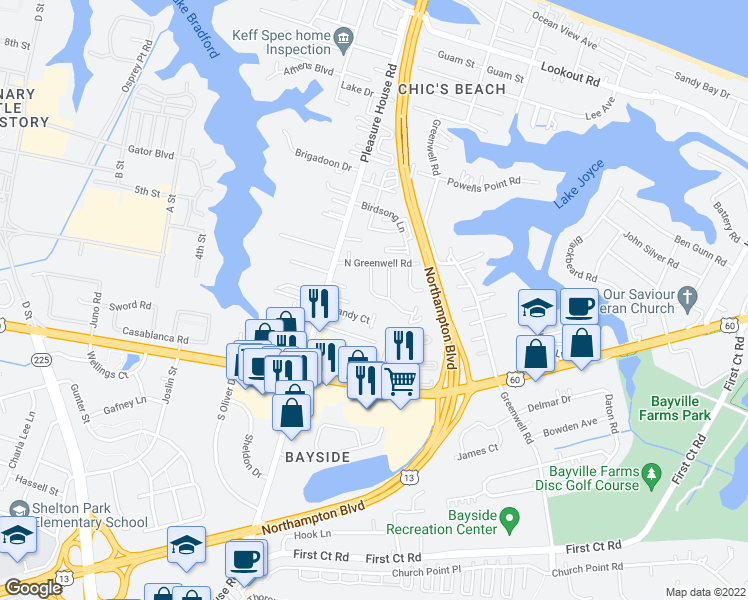 map of restaurants, bars, coffee shops, grocery stores, and more near 2209 West Berrie Circle in Virginia Beach