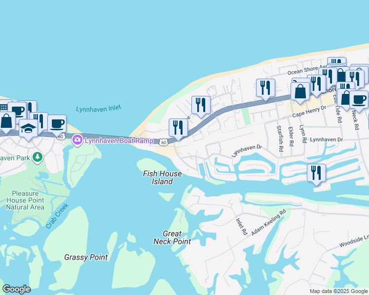 map of restaurants, bars, coffee shops, grocery stores, and more near 3273 Shore Drive in Virginia Beach