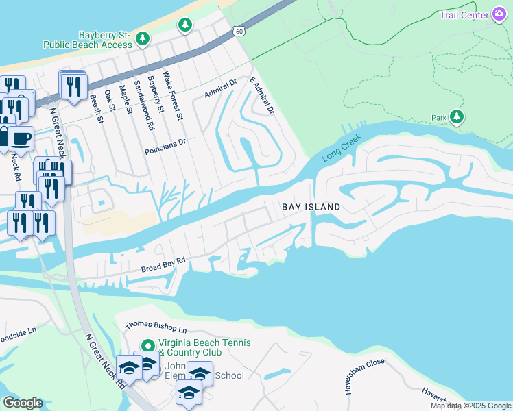 map of restaurants, bars, coffee shops, grocery stores, and more near 2504 Long Creek Drive in Virginia Beach