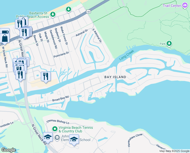 map of restaurants, bars, coffee shops, grocery stores, and more near 2504 Long Creek Drive in Virginia Beach