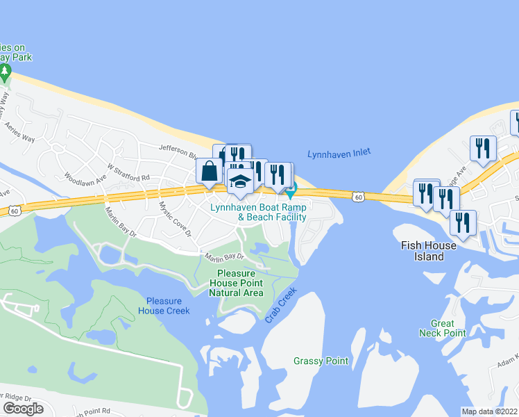 map of restaurants, bars, coffee shops, grocery stores, and more near 3606 Dupont Circle in Virginia Beach