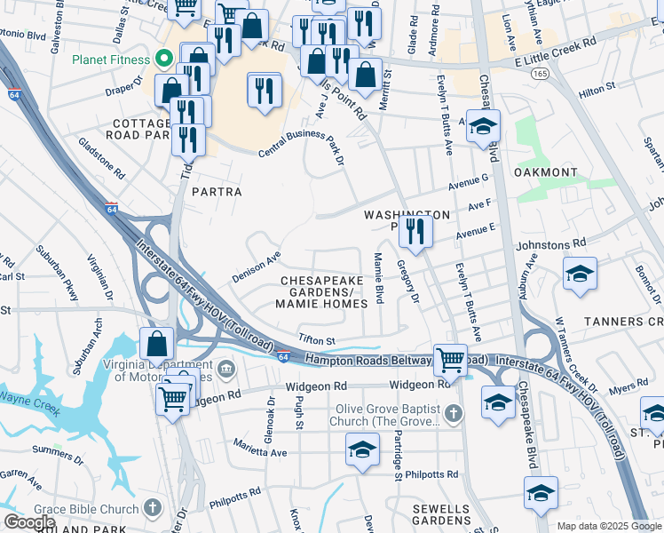 map of restaurants, bars, coffee shops, grocery stores, and more near 912 Johnstons Road in Norfolk