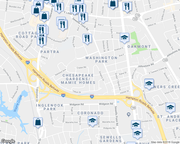map of restaurants, bars, coffee shops, grocery stores, and more near 7104 University Dr in Norfolk