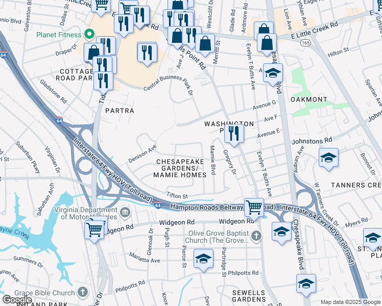 map of restaurants, bars, coffee shops, grocery stores, and more near 920 Johnstons Road in Norfolk