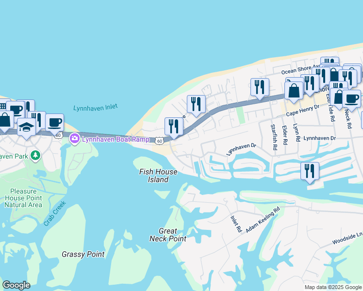 map of restaurants, bars, coffee shops, grocery stores, and more near 3273 Shore Drive in Virginia Beach