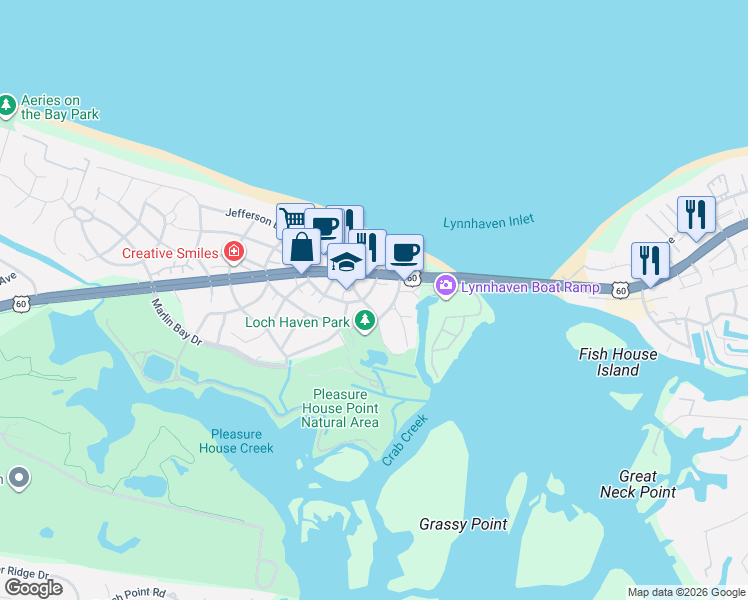 map of restaurants, bars, coffee shops, grocery stores, and more near 3606 Dupont Circle in Virginia Beach