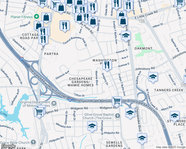 map of restaurants, bars, coffee shops, grocery stores, and more near 7104 University Dr in Norfolk