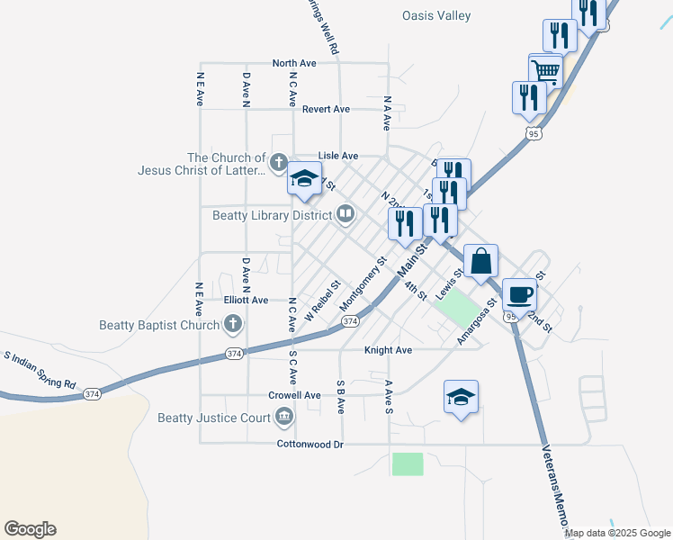 map of restaurants, bars, coffee shops, grocery stores, and more near 300 North Irving Street in Beatty