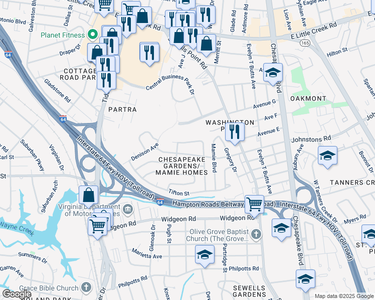 map of restaurants, bars, coffee shops, grocery stores, and more near 912 Johnstons Road in Norfolk