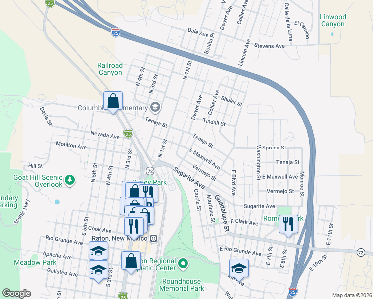 map of restaurants, bars, coffee shops, grocery stores, and more near 337 Terrill Avenue in Raton