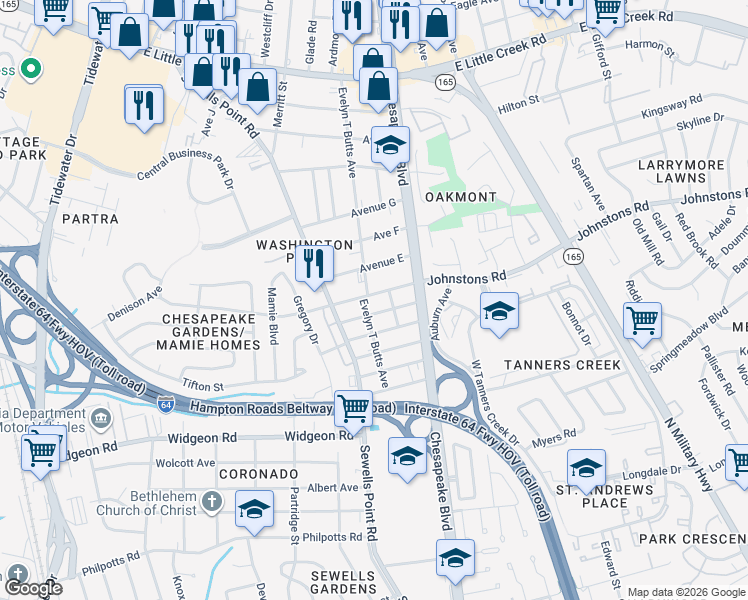 map of restaurants, bars, coffee shops, grocery stores, and more near 1068 Johnstons Road in Norfolk