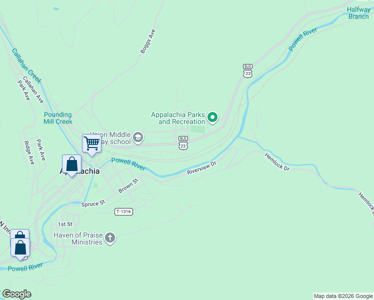 map of restaurants, bars, coffee shops, grocery stores, and more near 500-504 East Main Street in Appalachia