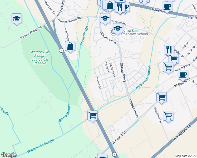 map of restaurants, bars, coffee shops, grocery stores, and more near 35 Paseo Drive in Watsonville
