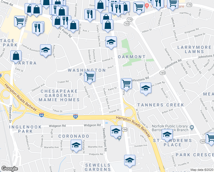 map of restaurants, bars, coffee shops, grocery stores, and more near 1063 Johnstons Road in Norfolk