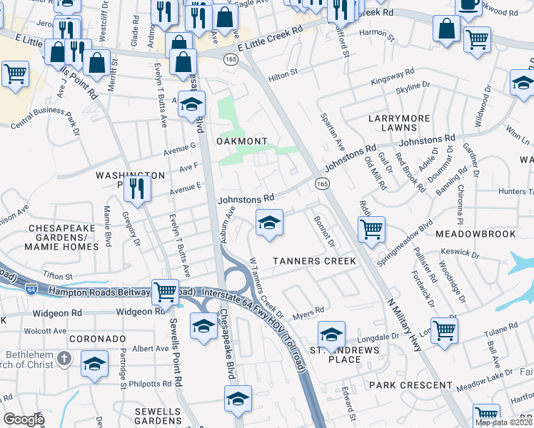 map of restaurants, bars, coffee shops, grocery stores, and more near 7010 Northgate Drive in Norfolk