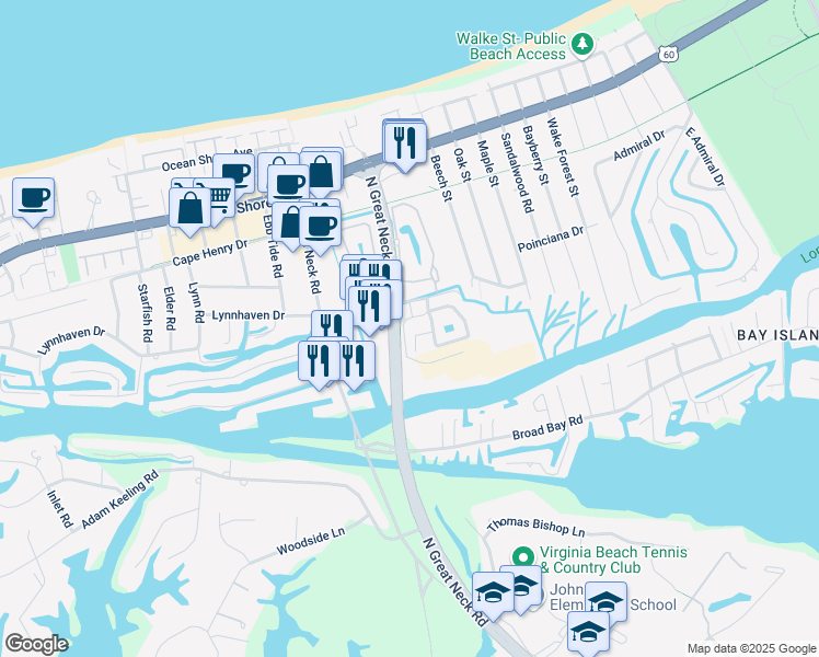 map of restaurants, bars, coffee shops, grocery stores, and more near 2136 Marina Shores Drive in Virginia Beach