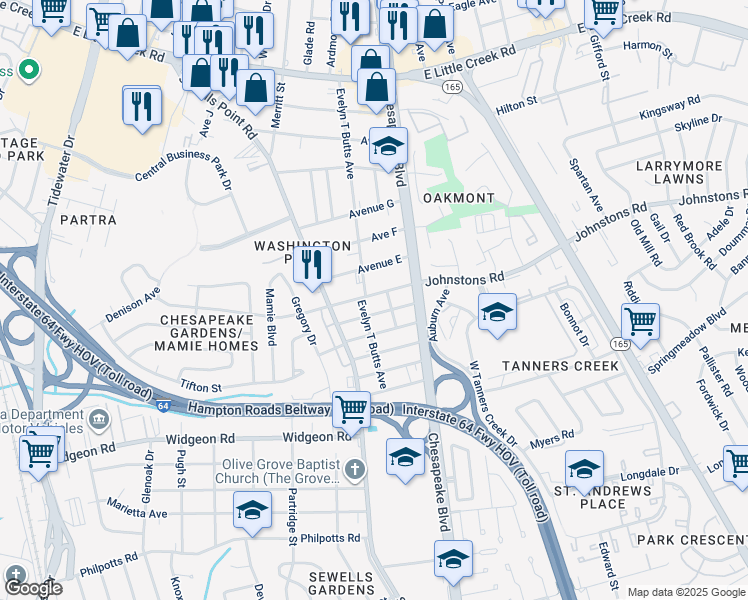 map of restaurants, bars, coffee shops, grocery stores, and more near 1063 Johnstons Road in Norfolk
