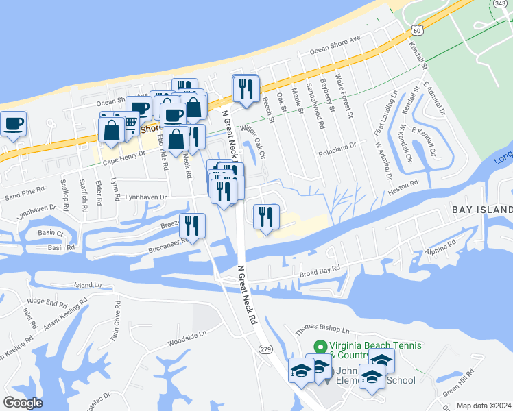 map of restaurants, bars, coffee shops, grocery stores, and more near 2137 Marina Bay Cove in Virginia Beach