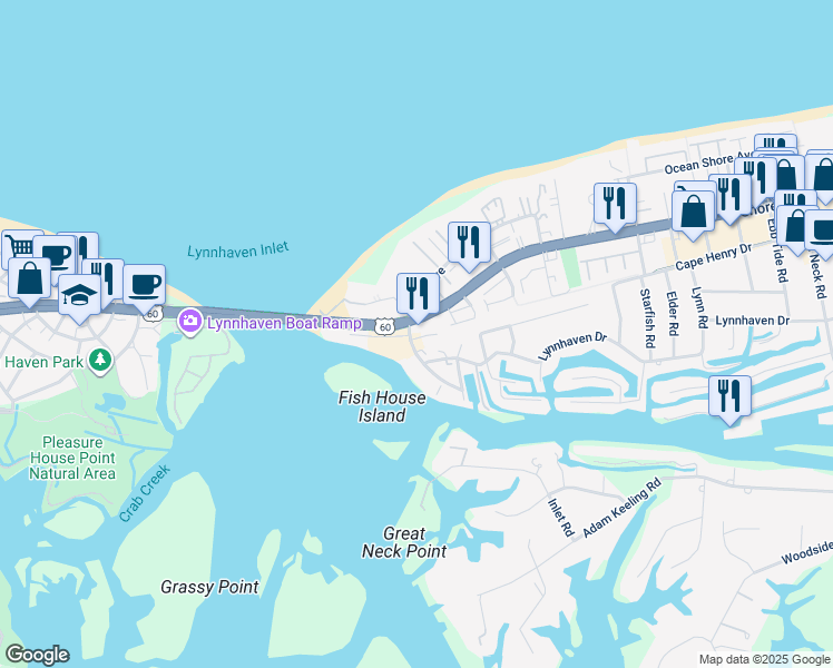 map of restaurants, bars, coffee shops, grocery stores, and more near 2249 Estuary Court in Virginia Beach