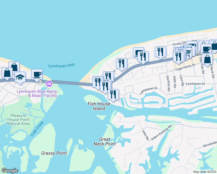 map of restaurants, bars, coffee shops, grocery stores, and more near 2265 Estuary Court in Virginia Beach