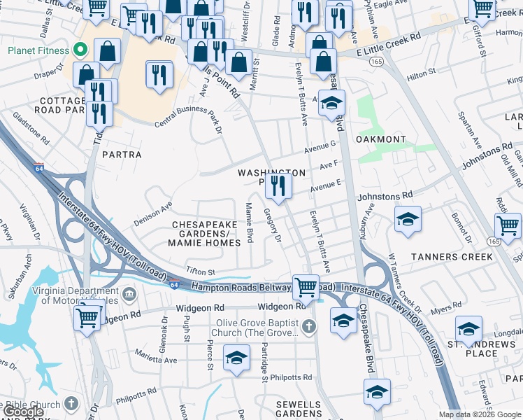 map of restaurants, bars, coffee shops, grocery stores, and more near 7116 Mamie Boulevard in Norfolk