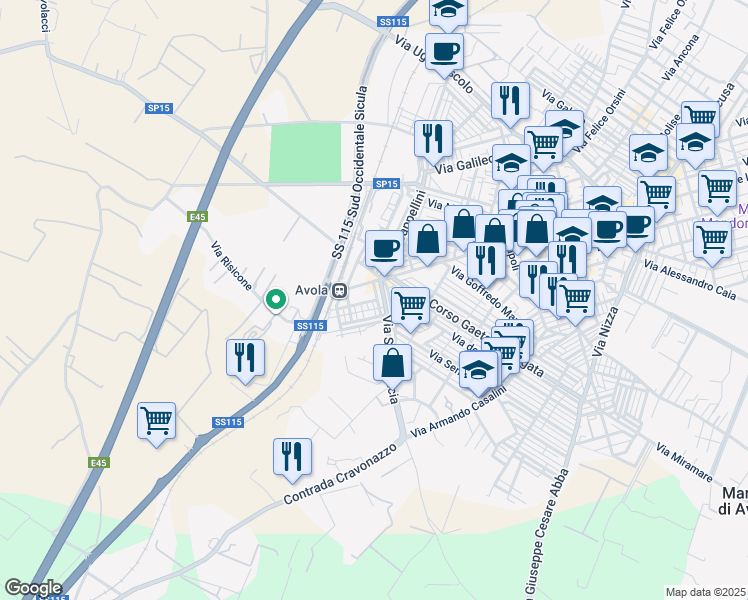 map of restaurants, bars, coffee shops, grocery stores, and more near 46 Piazza Regina Margherita in Avola