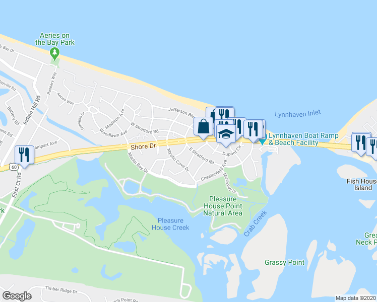 map of restaurants, bars, coffee shops, grocery stores, and more near 3761 East Stratford Road in Virginia Beach