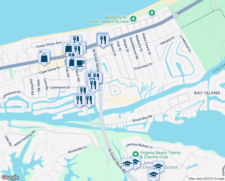 map of restaurants, bars, coffee shops, grocery stores, and more near 2256 Creeks Edge Drive in Virginia Beach