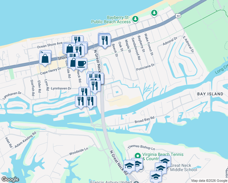 map of restaurants, bars, coffee shops, grocery stores, and more near 2136 Creeks Edge Drive in Virginia Beach