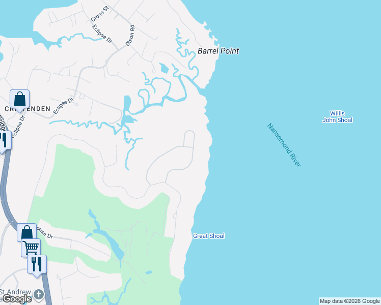 map of restaurants, bars, coffee shops, grocery stores, and more near 9103 River Crescent in Suffolk