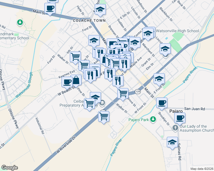 map of restaurants, bars, coffee shops, grocery stores, and more near 154 2nd Street in Watsonville