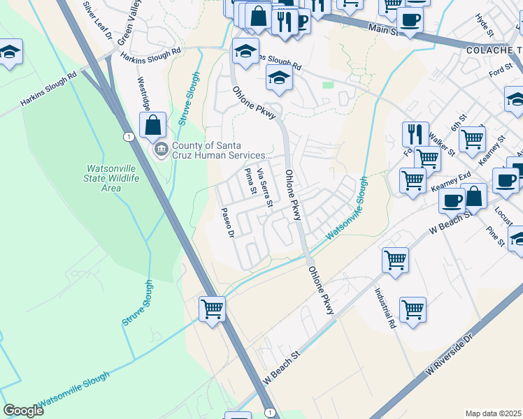 map of restaurants, bars, coffee shops, grocery stores, and more near 55 Via Serra Street in Watsonville